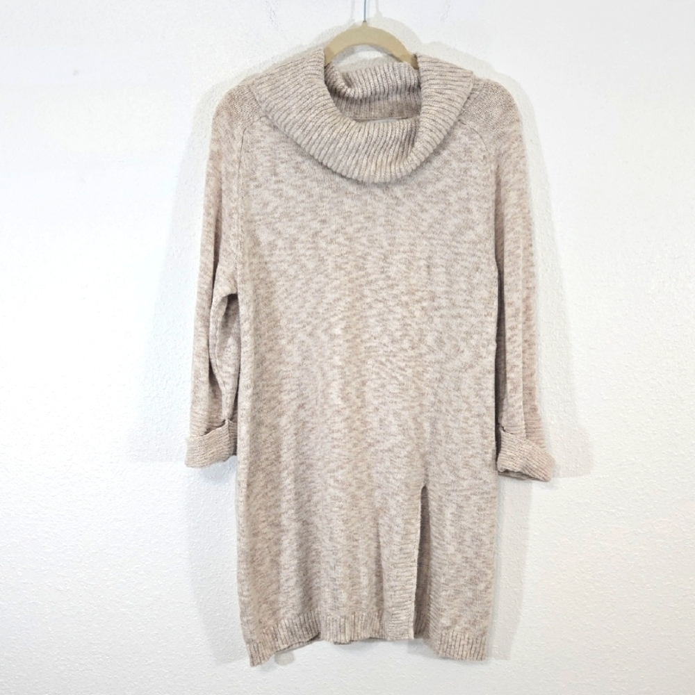 Pure Jill J. Jill Tunic Sweater Cream/Tan Cowl Neck Cuffed Sleeves Front Slit, L
